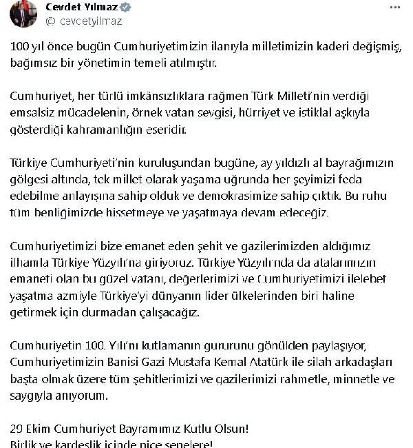 ANKARA, (DHA)- CUMHURBAŞKANI Yardımcısı Cevdet Yılmaz, “Cumhuriyet’in 100’üncü yılını kutlamanın gururunu