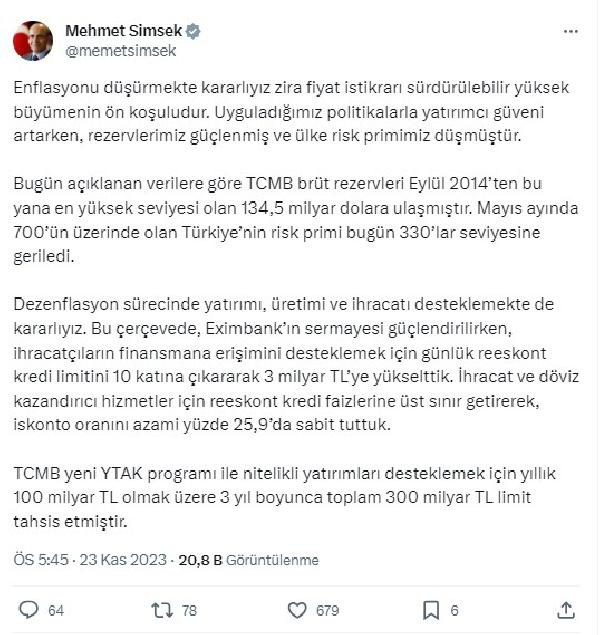 Elif ER BULUT/ANKARA, (DHA)- HAZİNE ve Maliye Bakanı Mehmet Şimşek,
