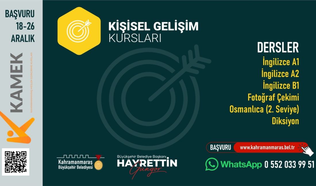 Büyükşehir Belediyesinin düzenlediği KAMEK’te; İngilizce A1, A2 ve B1, Osmanlıca,