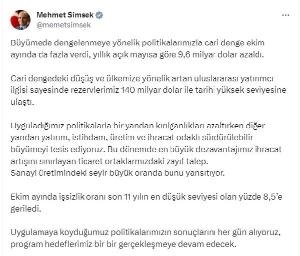 ANKARA, (DHA)- HAZİNE ve Maliye Bakanı Mehmet Şimşek, “Uyguladığımız politikalarla