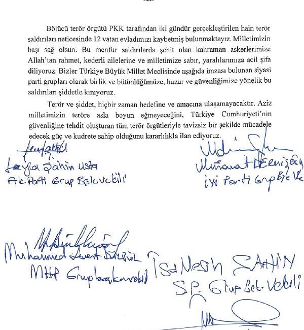4 SİYASİ PARTİ GRUBUNUN İMZASIYLA TERÖRE KARŞI BİLDİRİ YAYIMLANDI 2024 Yılı