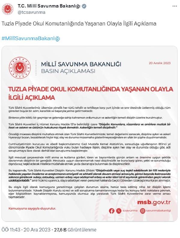 MSB'den 'Tuzla Piyade Okulu' açıklaması; henüz disiplin işlemi uygulanmamıştır