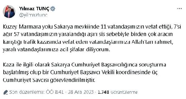 SORUŞTURMA BAŞLATILDI Adalet Bakanı Yılmaz Tunç, Kuzey Marmara Otoyolu Sakarya mevkisinde