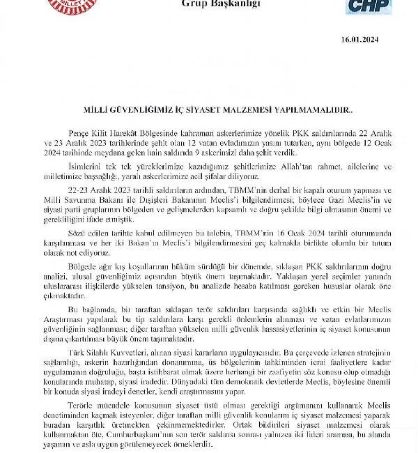 ANKARA, (DHA)- CHP tarafından, ortak bildiriye ilişkin yapılan açıklamada, “Terörle mücadele