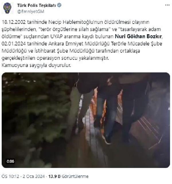 Oğuzhan SARI/ANKARA, (DHA)- EMNİYET Genel Müdürlüğü (EGM), Necip Hablemitoğlu’nun öldürülmesi