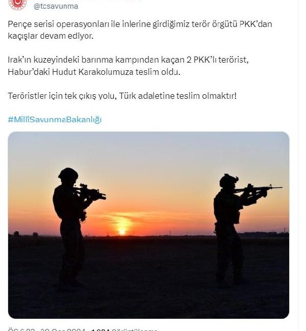 MSB: 2 PKK’lı teslim oldu ANKARA, (DHA)- MİLLİ Savunma Bakanlığı’nca, Irak’ın kuzeyinde 2 PKK’lı teröristin