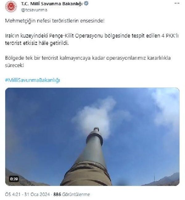 ANKARA, (DHA)- MİLLİ Savunma Bakanlığı (MSB), Pençe-Kilit operasyonu bölgesinde 4