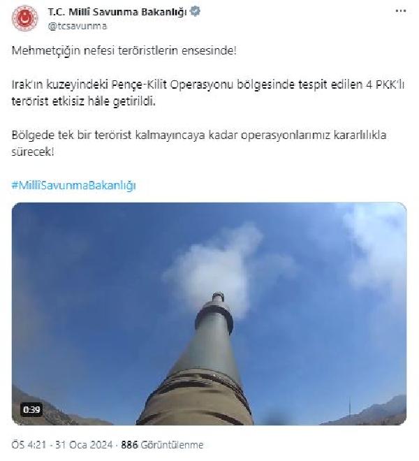 MSB: 4 PKK'lı terörist etkisiz hale getirildi
