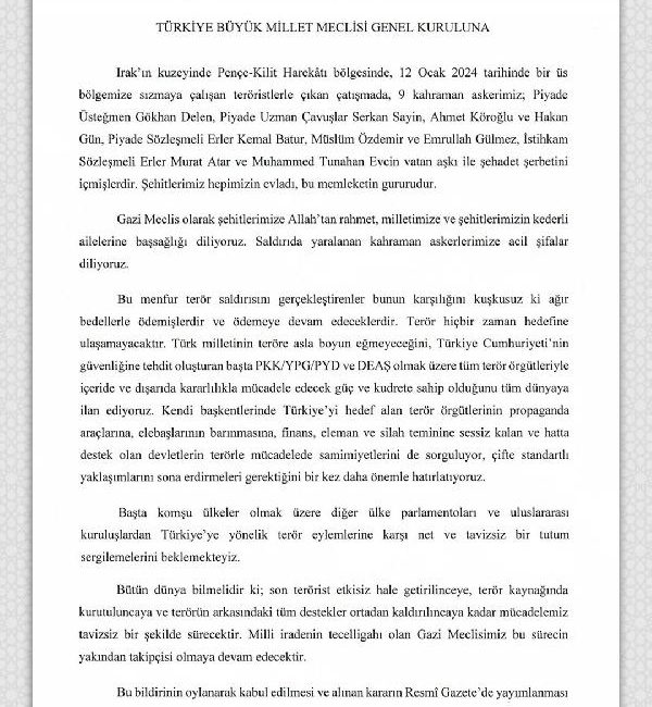 ‘TERÖRE KARŞI BİLDİRİ’ KONULU TBMM TEZKERESİ, GENEL KURUL’DA KABUL EDİLDİ