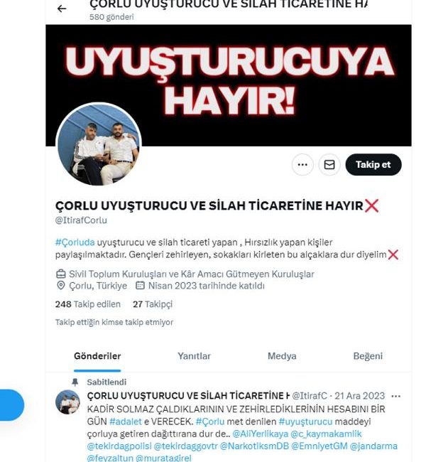 Abdullah YALÇIN/TEKİRDAĞ, (DHA)- TEKİRDAĞ’ın Çorlu ilçesinde sosyal medyada uyuşturucuyla mücadele