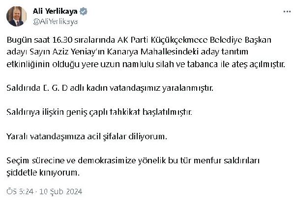 Bakan Yerlikaya: İstanbul'da belediye başkan adayı tanıtımına silahlı saldırıda 1 kişi yaralandı