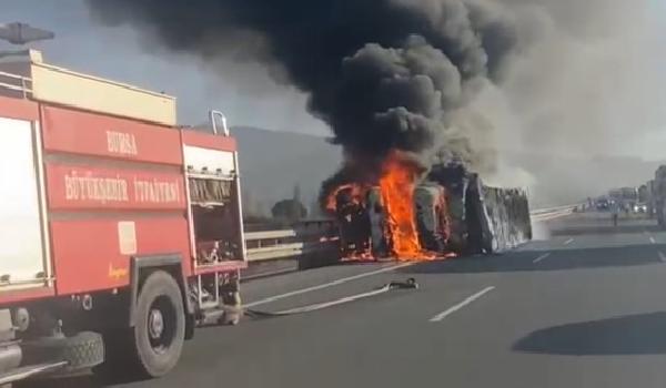 Hasan BOZBEY/GEMLİK (Bursa), (DHA)- BURSA’nın Gemlik ilçesinde devrilen TIR yandı;