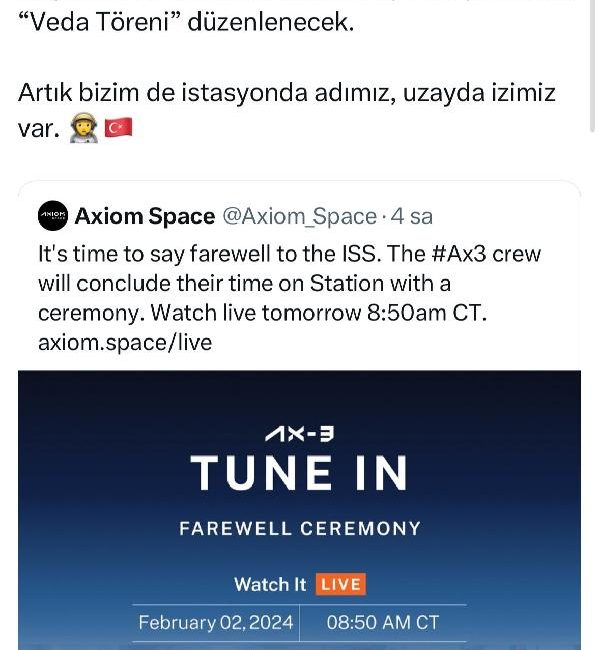 Gezeravcı için Uluslararası Uzay İstasyonu’nda ‘veda töreni’ düzenlenecek ANKARA, (DHA)- SANAYİ ve Teknoloji Bakanı Mehmet Fatih Kacır, Türkiye’nin