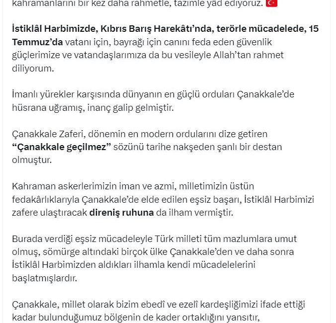 ANKARA, – CUMHURBAŞKANI Recep Tayyip Erdoğan, “Çanakkale, millet olarak bizim