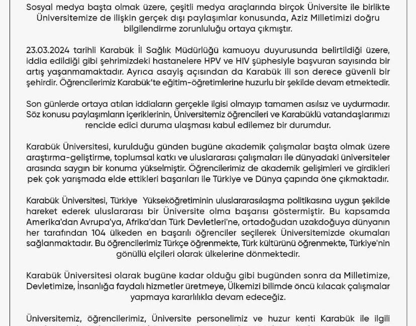 Murat ÖZELCİ/ KARABÜK, – KARABÜK Üniversitesi Rektörlüğü’nden yapılan açıklamada, üniversiteside