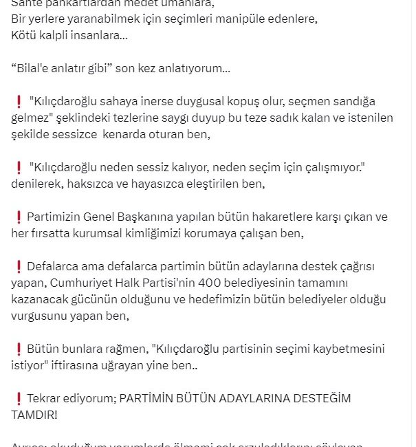 ANKARA, -ESKİ CHP Genel Başkanı Kemal Kılıçdaroğlu, “Partimin bütün adaylarına