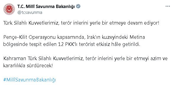 ANKARA, – MİLLİ Savunma Bakanlığı (MSB), Pençe-Kilit operasyonu kapsamında, Irak’ın