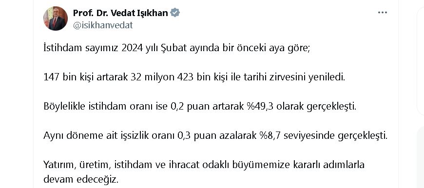 bakan isikhan istihdam sayimiz tarihi zirvesini yeniledi 661ceb0d09a02