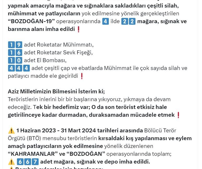ANKARA, – İÇİŞLERİ Bakanı Ali Yerlikaya, terör örgütü PKK’ya yönelik