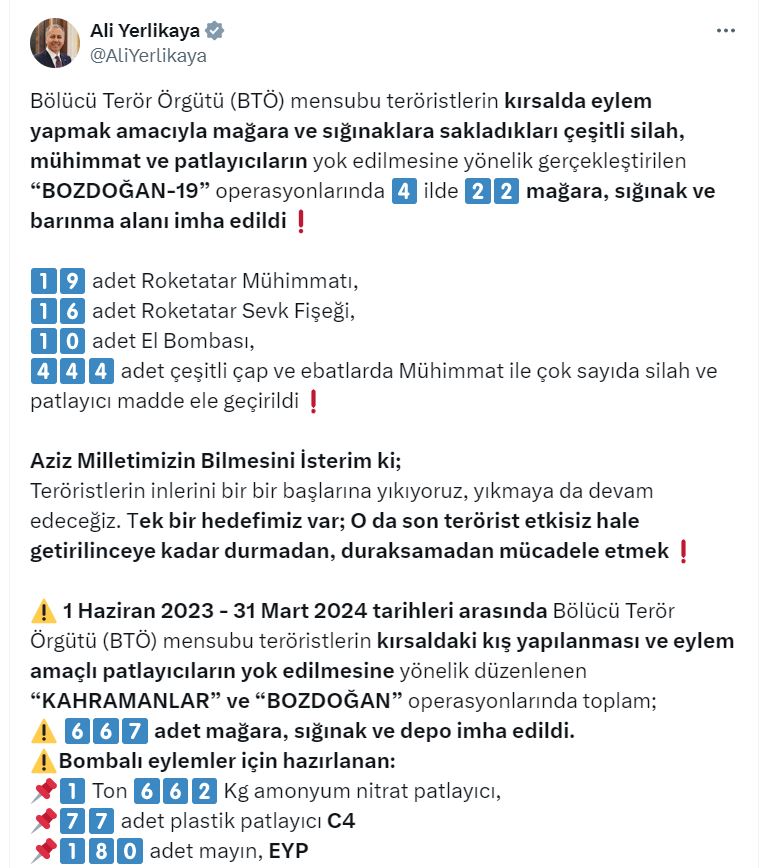 bakan yerlikaya 22 magara siginak ve barinma alani imha edildi 660a5304eea00