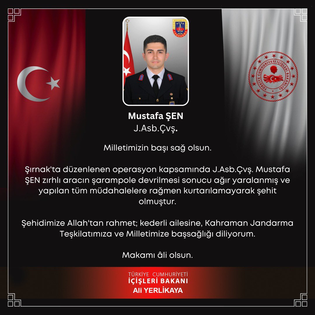 Şırnak’ta Operasyon Sırasında Şehit Düşen 2 Jandarma Astsubay İçin Başsağlığı Mesajı