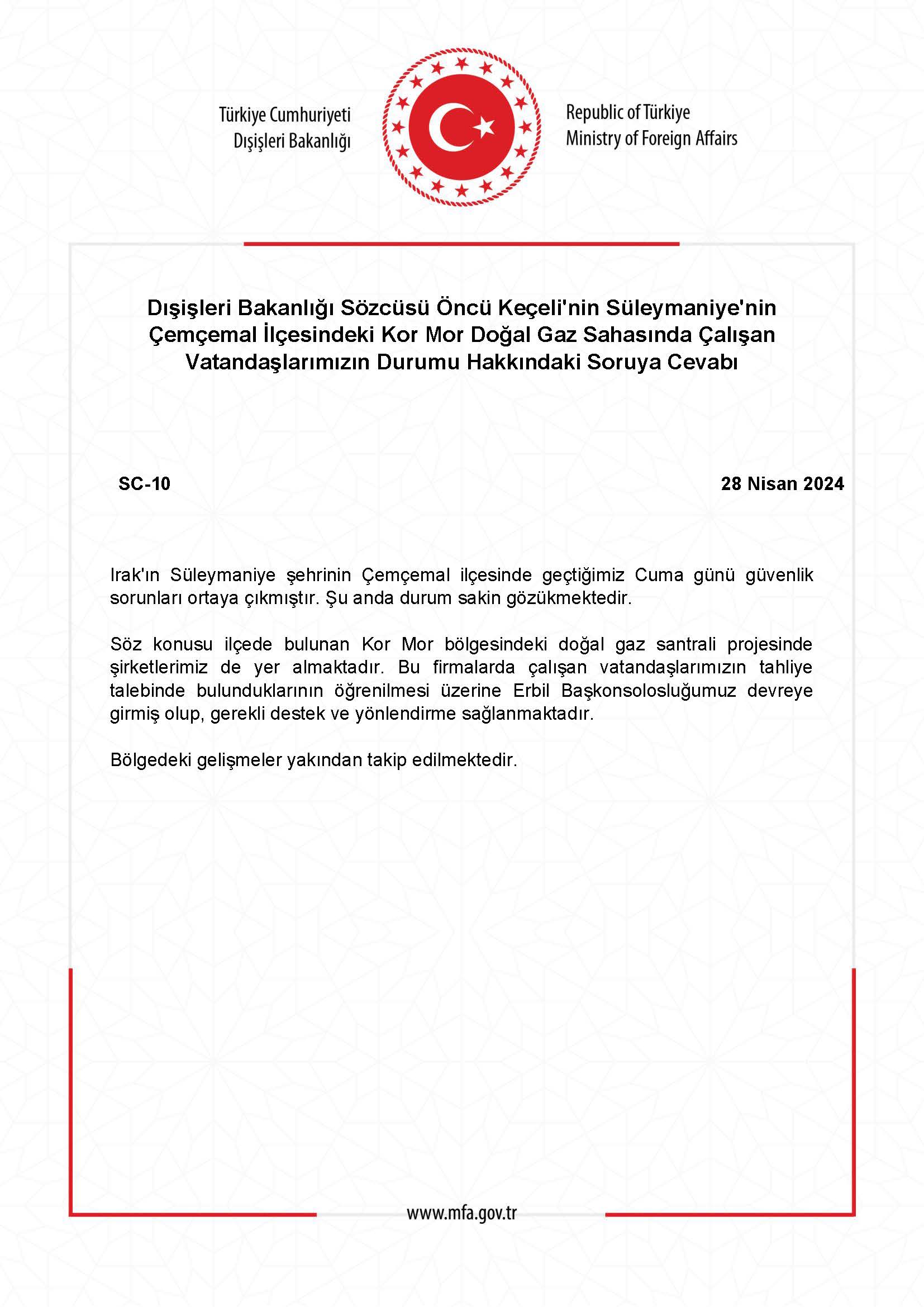 Dışişleri Bakanlığı: Süleymaniye'deki gaz sahası çalışanları için Erbil Başkonsolosluğu devrede