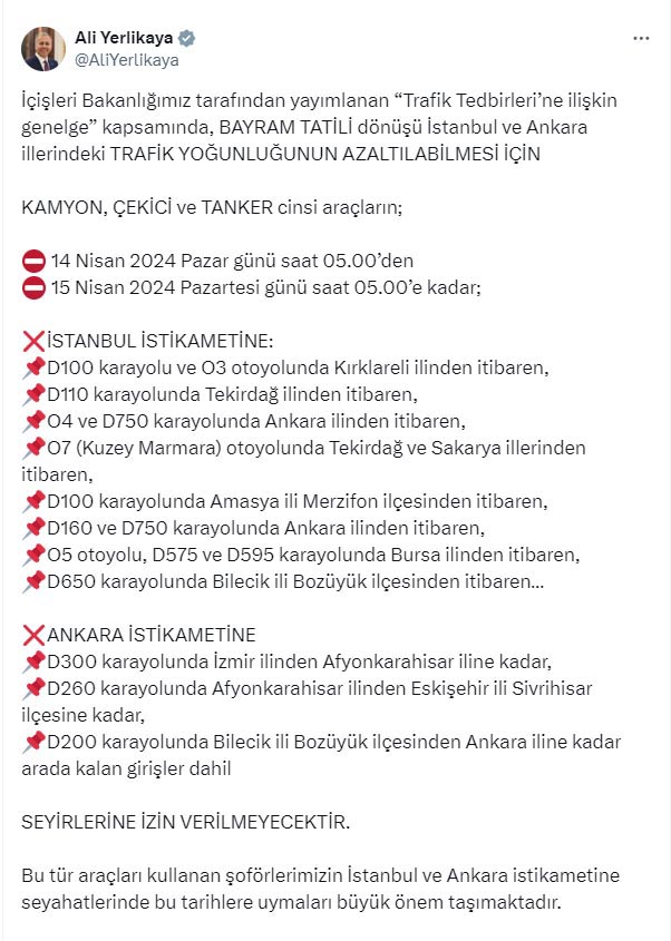 Dönüş yolunda kamyon, çekici ve tanker geçişine kısıtlama