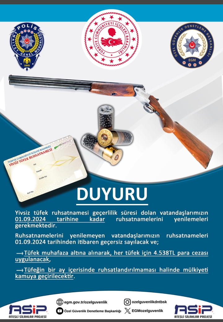 Andırın İlçe Emniyetten yivsiz tüfek ruhsatnamesi uyarısı
