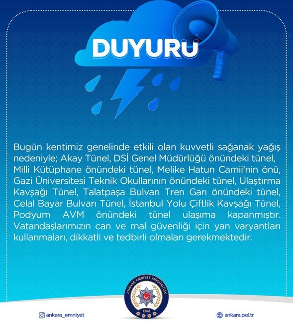 Ankara’da yoğun yağışlar sonucunda kapanan yollar hakkında bilgi verildi. Ankara
