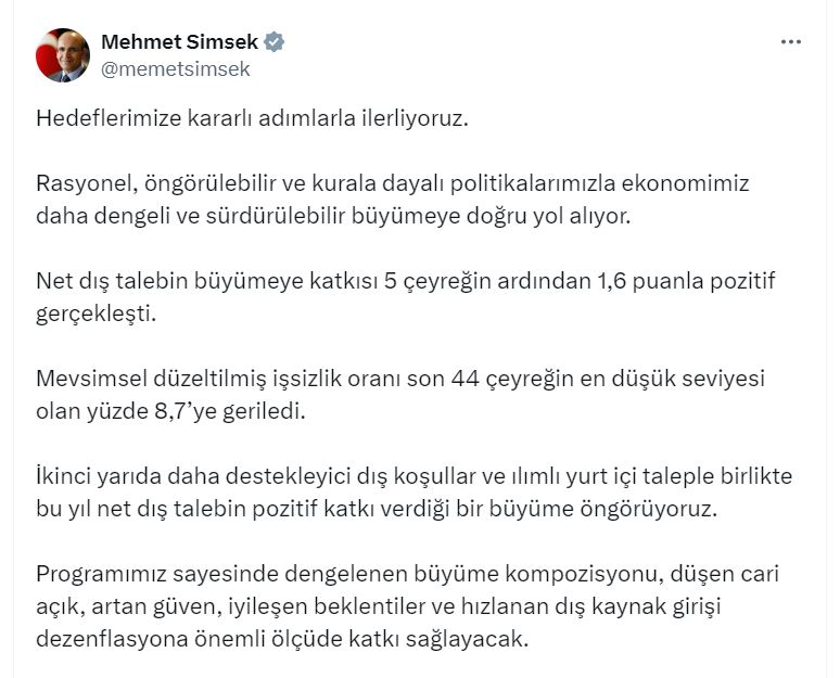 Hazine ve Maliye Bakanı Mehmet Şimşek, ekonomideki dengelenmenin devam ettiğini