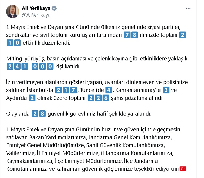İçişleri Bakanı Ali Yerlikaya, 1 Mayıs Emek ve Dayanışma Günü’nde