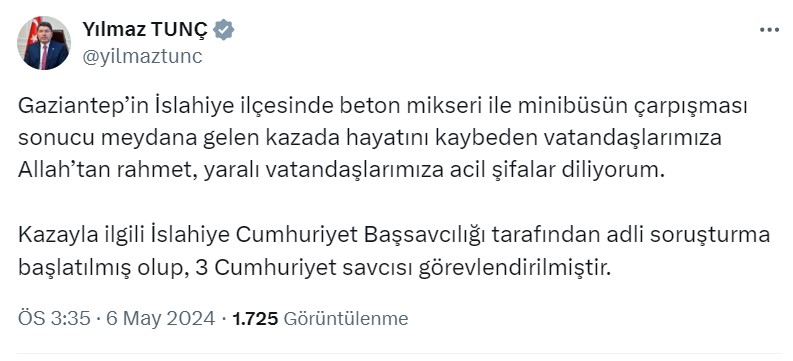Bakan Tunç’tan Kazayla İlgili Açıklama: 3 Cumhuriyet Savcısı Görevlendirildi Adalet
