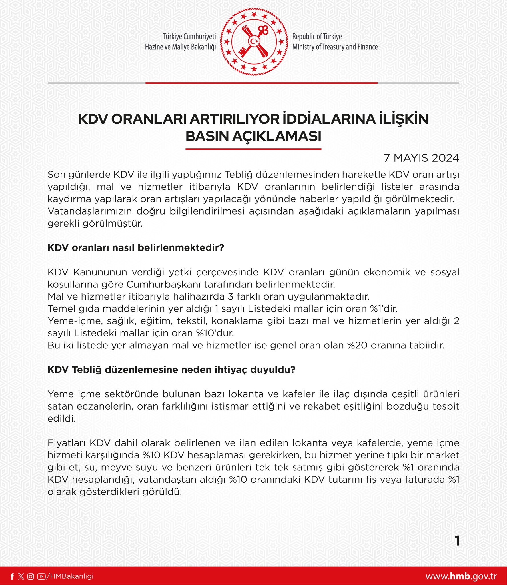 KDV Oranları ile İlgili Hazine ve Maliye Bakanlığı'ndan Açıklama Geldi KDV Oranları ile İlgili Hazine ve Maliye Bakanlığı'ndan Açıklama Geldi