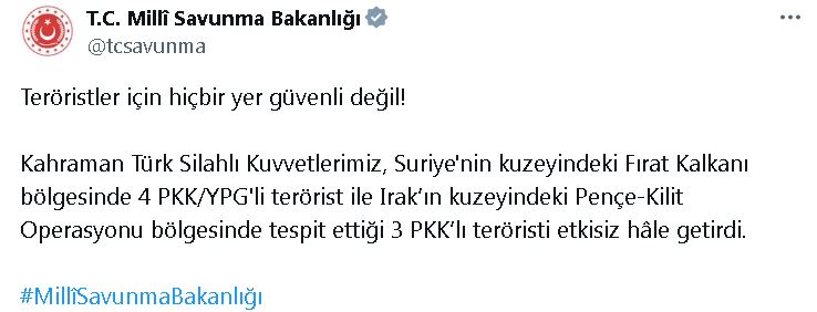 Milli Savunma Bakanlığı, Suriye’nin kuzeyindeki Fırat Kalkanı bölgesinde 4 PKK/YPG’li