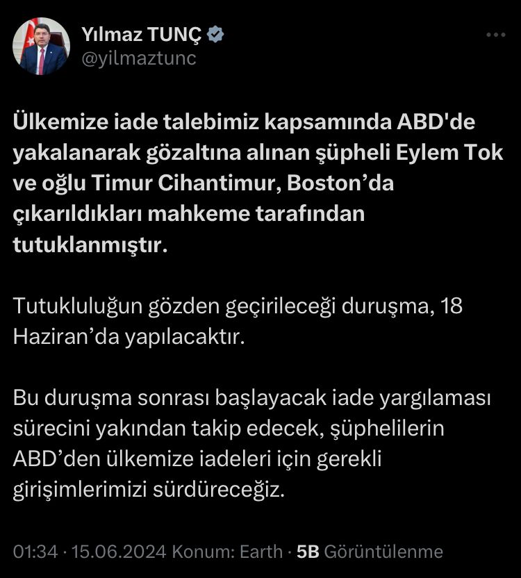 ADALET BAKANI TUNÇ: "EYLEM TOK VE OĞLU TUTUKLANDI" ADALET BAKANI TUNÇ: "EYLEM TOK VE OĞLU TUTUKLANDI"