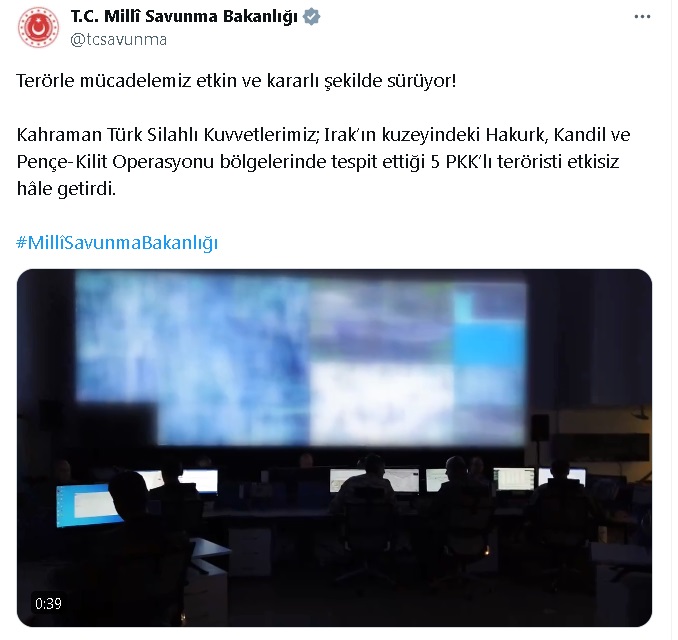 MİLLİ Savunma Bakanlığı: Irak'ın kuzeyinde 5 PKK'lı terörist etkisiz hale getirildi