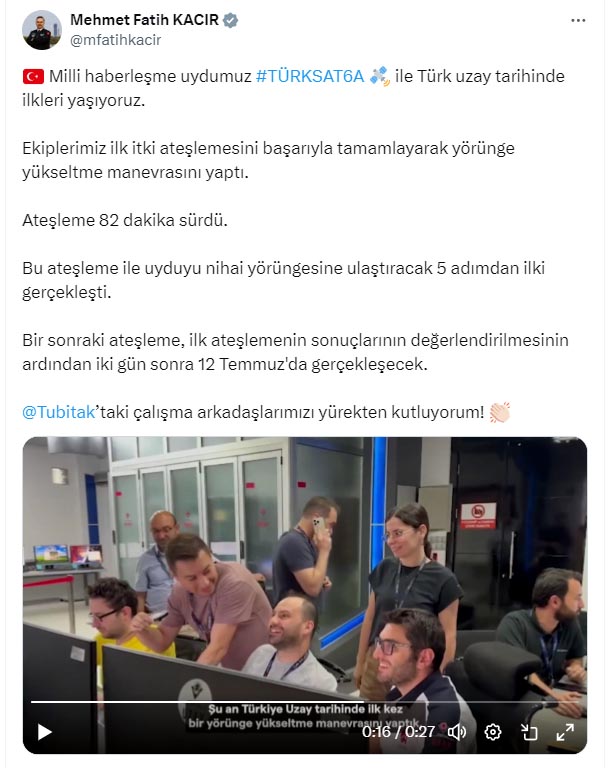 TÜRKSAT 6A Uydusundan İlk İti Ateşleme Gerçekleştirildi