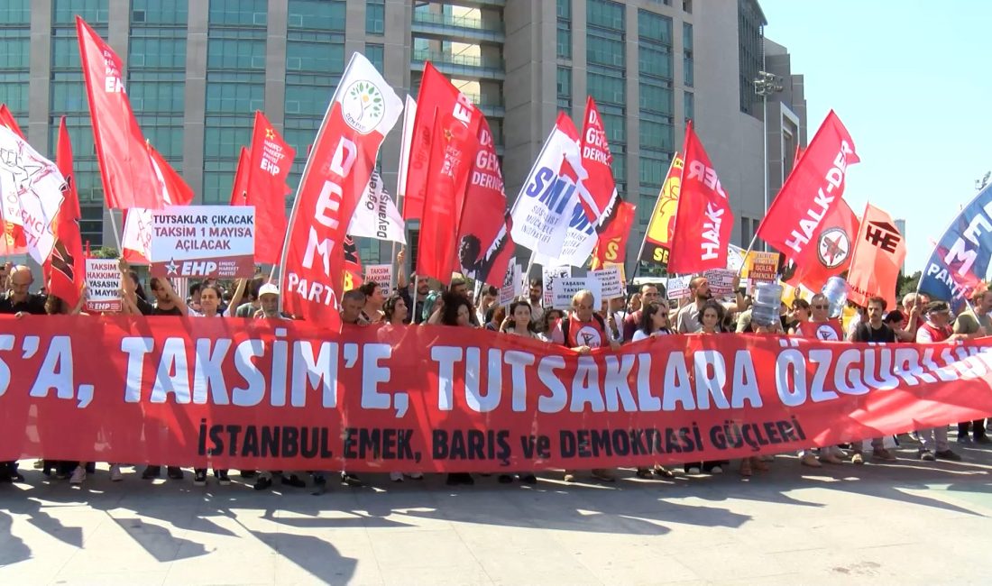 İstanbul Adalet Sarayı önünde toplanan bir grup, 1 Mayıs’tan beri