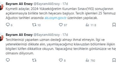 ÖSYM Başkanı Bayram Ali Ersoy, Yükseköğretim Kurumları Sınavı (YKS) tercih