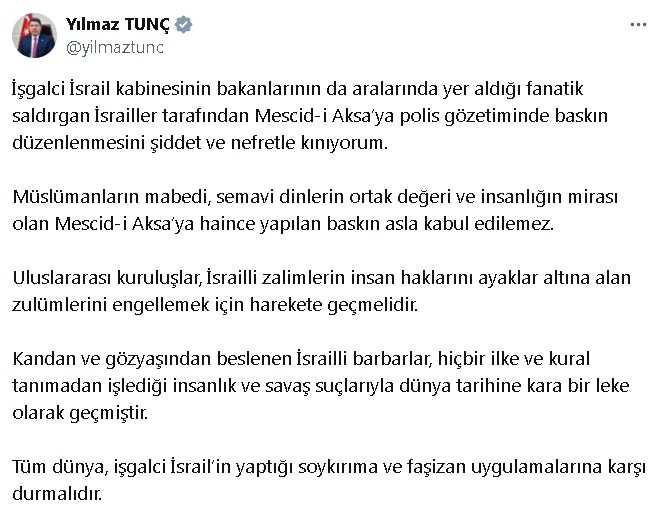 ADALET BAKANI TUNÇ: MESCID-İ AKSA'YA YAPILAN BASKIN ASLA KABUL EDİLEMEZ. 1 Bakan Tunç: Mescid i Aksa’ya haince yapılan baskın asla kabul edilemez