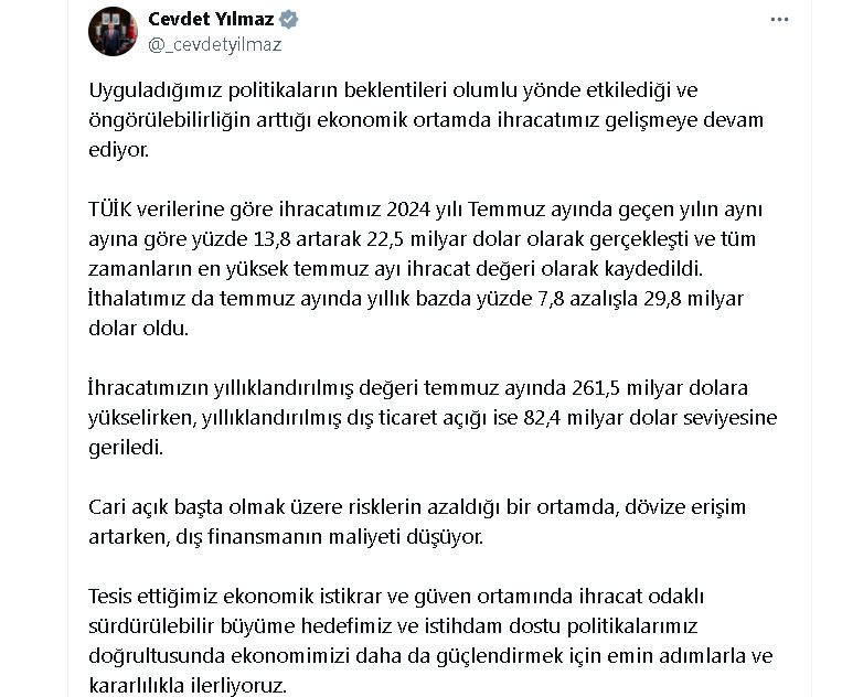 Cumhurbaşkanı Yardımcısı Yılmaz: Tüm zamanların en yüksek temmuz ayı ihracat değeri kaydedildi