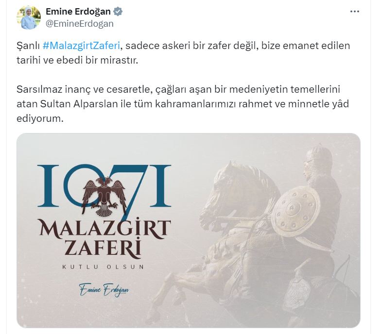 Emine Erdoğan, Malazgirt Zaferi'nin 953'üncü yıl dönümünü kutladı
