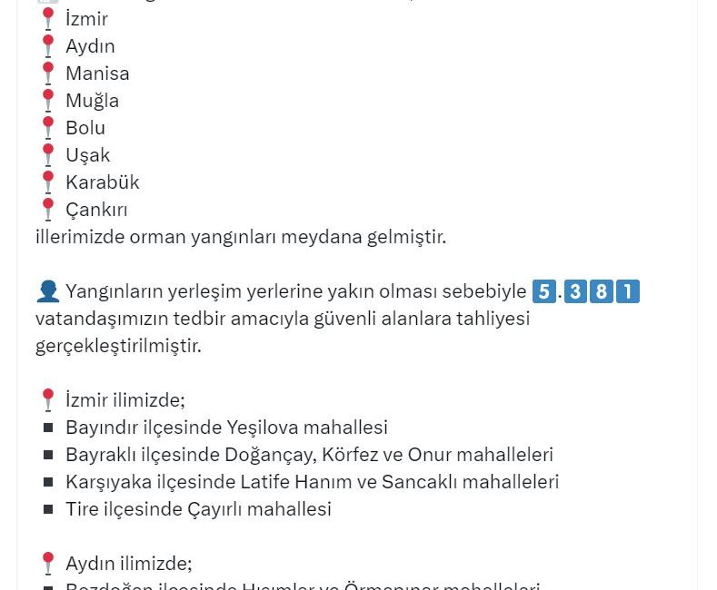 İzmir ve Aydın’daki yangında zarar görenlere nakdi yardım yapılacak ANKARA, – AFET ve Acil Durum Yönetimi Başkanlığı (AFAD), İzmir