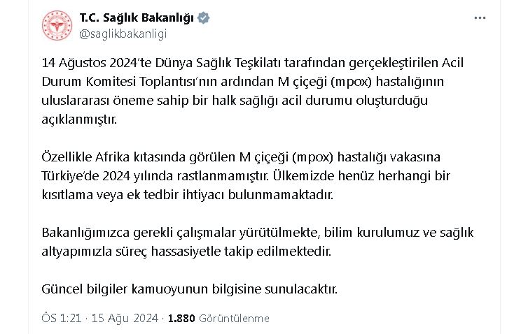 ANKARA, – SAĞLIK Bakanlığı, özellikle Afrika kıtasında görülen M çiçeği