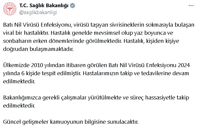 Sağlık Bakanlığı'ndan Batı Nil Virüsü Enfeksiyonu açıklaması