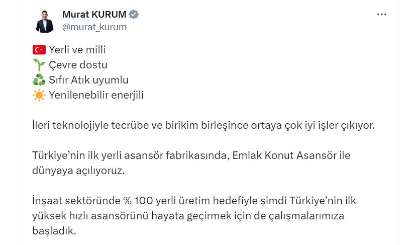 Bakan Kurum: Türkiye'nin ilk yüksek hızlı asansörü için çalışmalara başladık