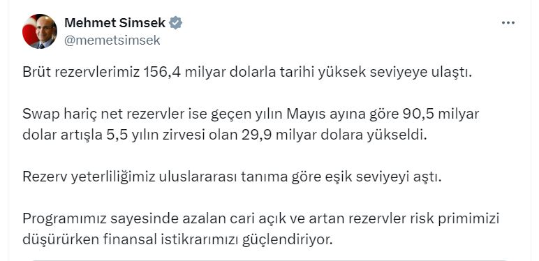 Bakan Şimşek: Brüt rezervlerimiz 156,4 milyar dolarla tarihi yüksek seviyeye ulaştı