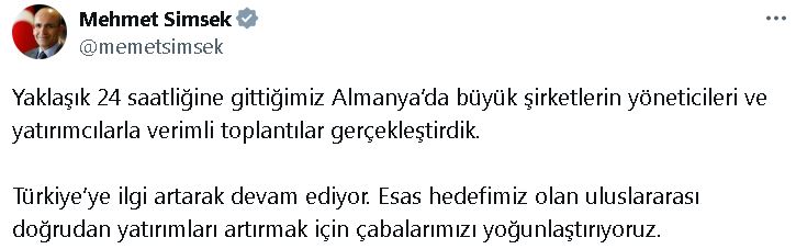 Bakan Şimşek: Türkiye'ye ilgi artarak devam ediyor