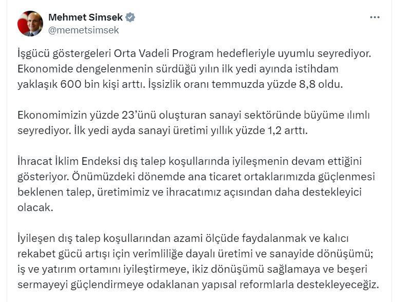 Bakan Şimşek: Yılın ilk 7 ayında istihdam yaklaşık 600 bin kişi arttı