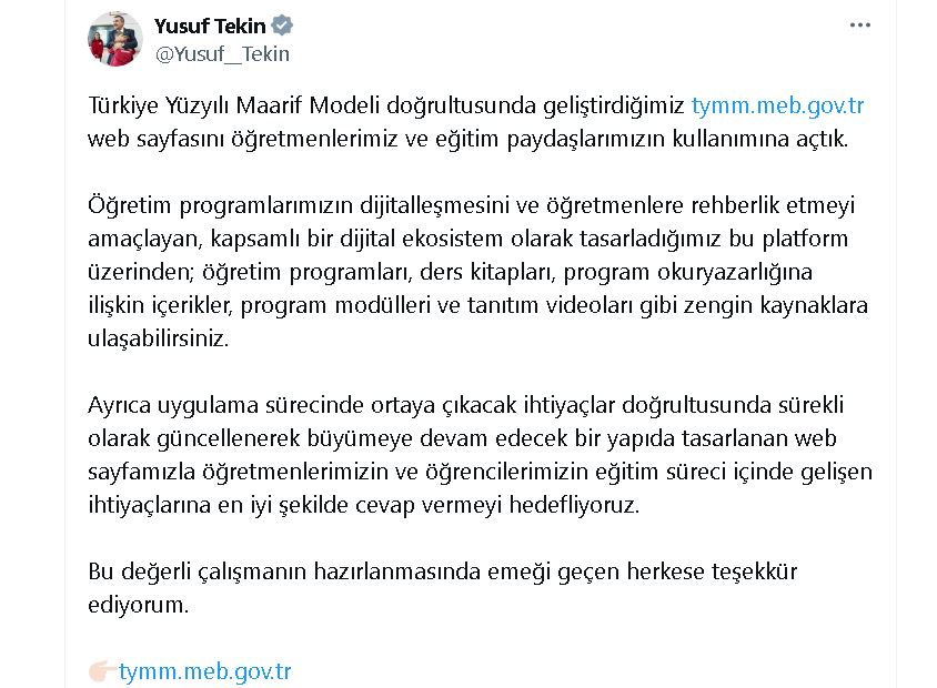 Bakan Tekin: Türkiye Yüzyılı Maarif Modeli doğrultusunda geliştirilen web sayfası kullanıma açıldı